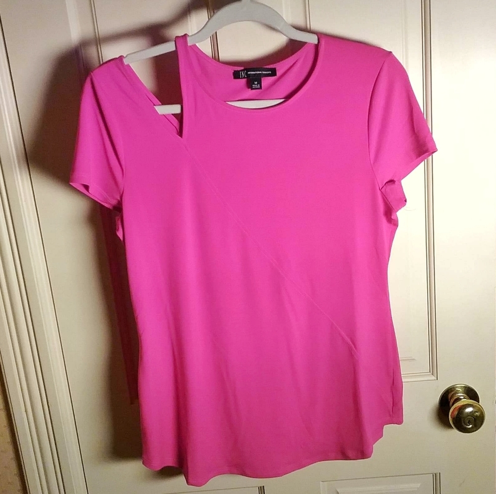 INC Asymmetrical Split Shoulder Hot Pink Top
